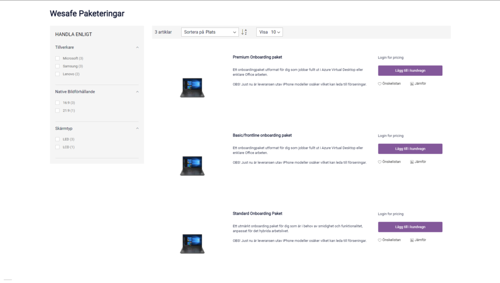 Överblick över webbshop och artiklar som går att inhandla 