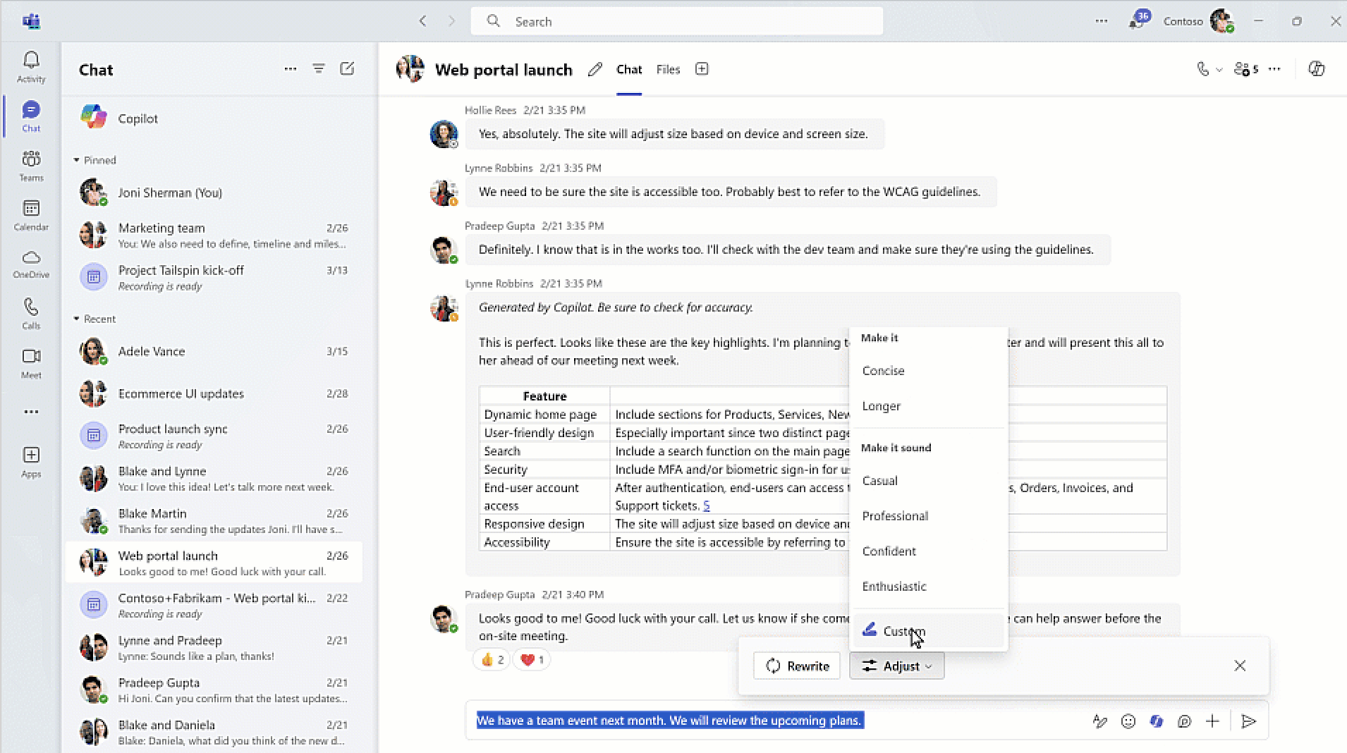 Microsoft 365 Copilot i Teams visar hur du ka använda verktyget för att få hjälp med dina meddelanden